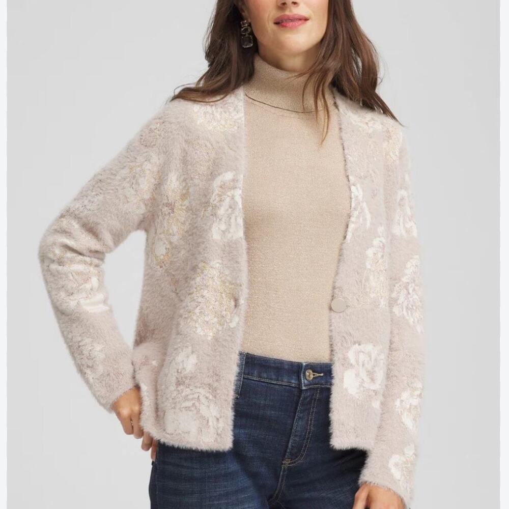 NEW Chico's Fuzzy Jacquard Boyfriend Cardigan Sweater